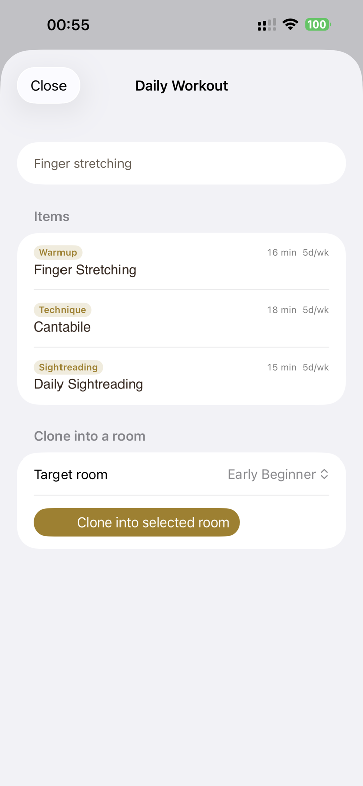 The daily practice agenda on iPhone — an ordered routine of exercises, scores, and assignments.