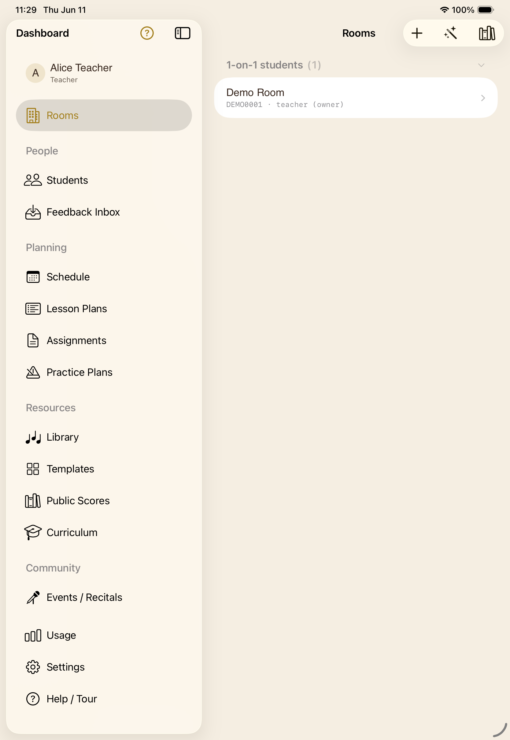 The SYNCopated dashboard on iPad: rooms, students, schedule, lesson plans, assignments, library, and public scores in one sidebar.