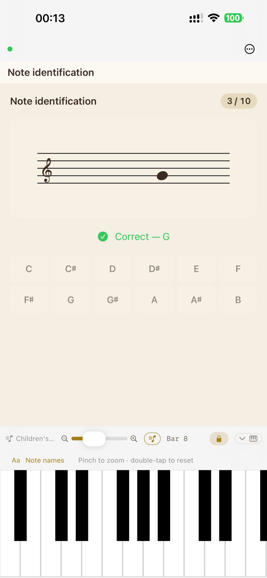 A live Note Identification exercise: a note on the staff with answer buttons, graded as the student plays.