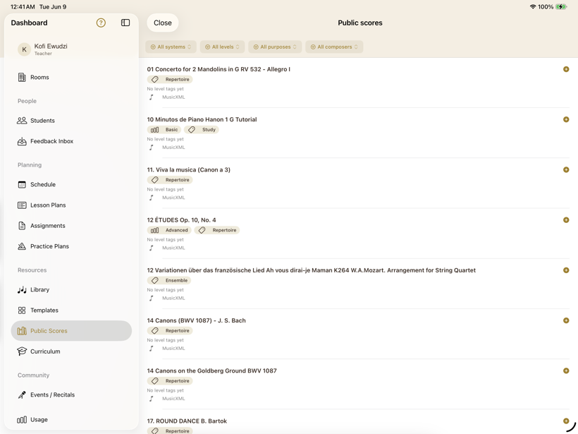 The Public Scores browser in SYNCopated: filter by system, level, purpose, or composer, over tagged public-domain works.