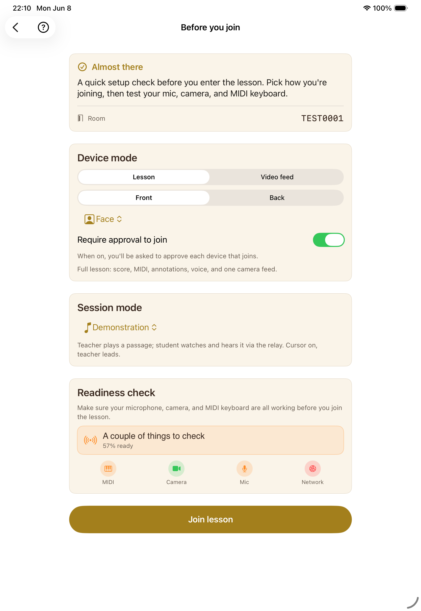 The readiness screen: device mode, Require approval to join, a session-mode selector, and a check for MIDI, camera, mic, and network.