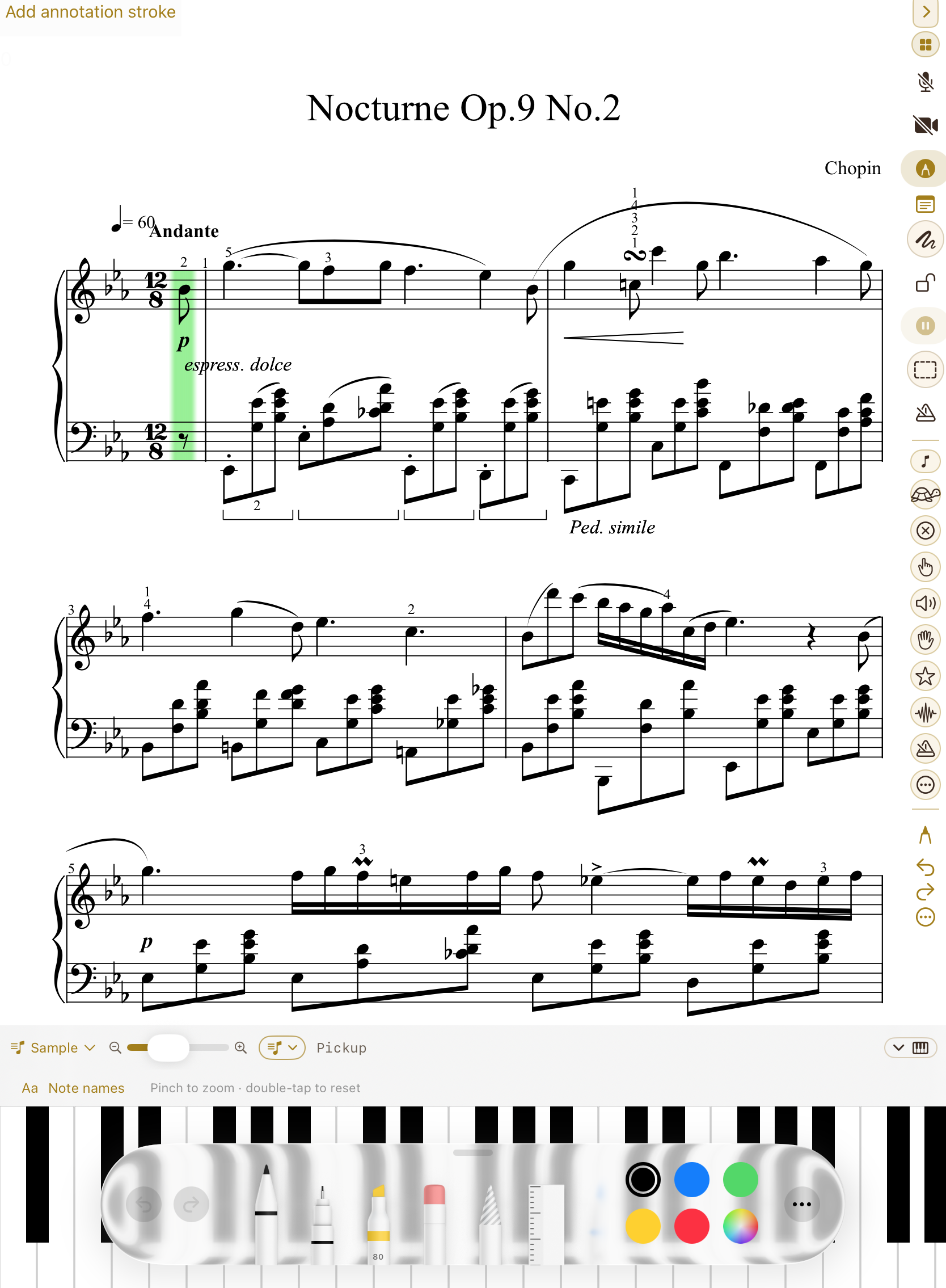 In-session score on iPad: a full Chopin Nocturne engraving with the practice cursor and markup palette.