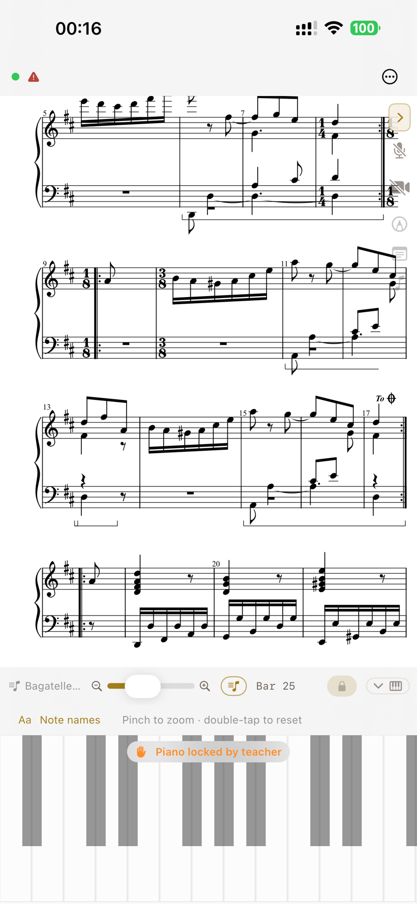 The student's iPhone during the same lesson: the same score, piano locked by the teacher.