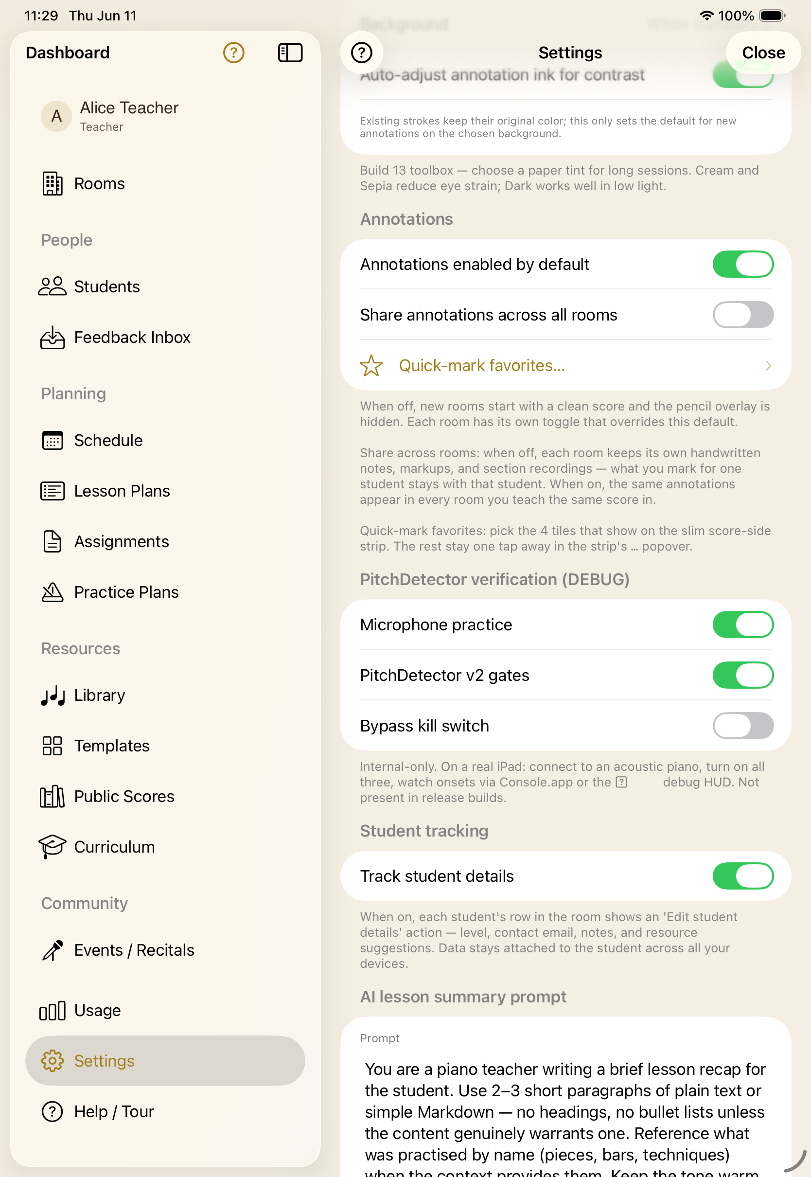 Settings showing per-student tracking, opt-in and off by default.
