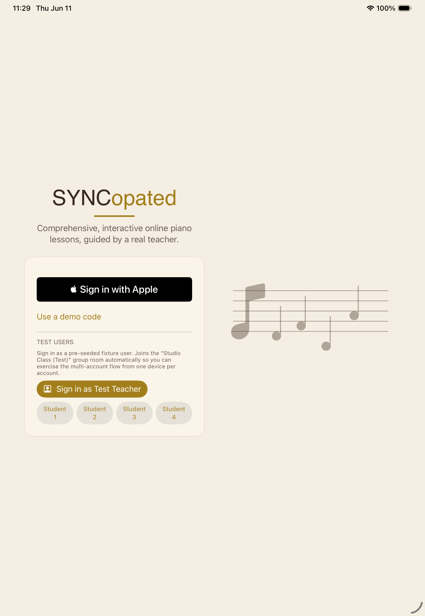 The SYNCopated sign-in screen on iPad, with a Sign in with Apple button.