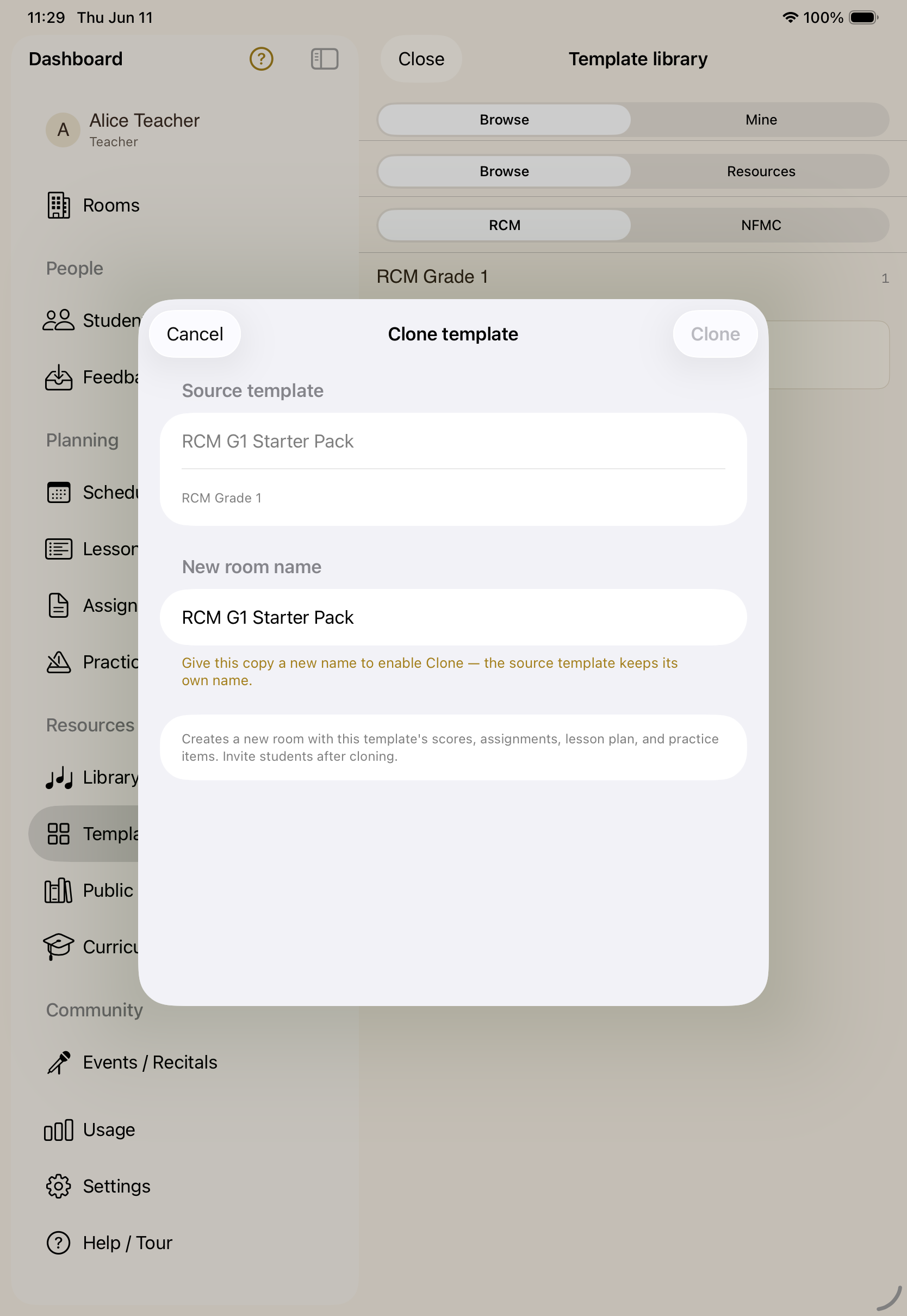 Cloning a curriculum-tagged template room in SYNCopated on iPad.