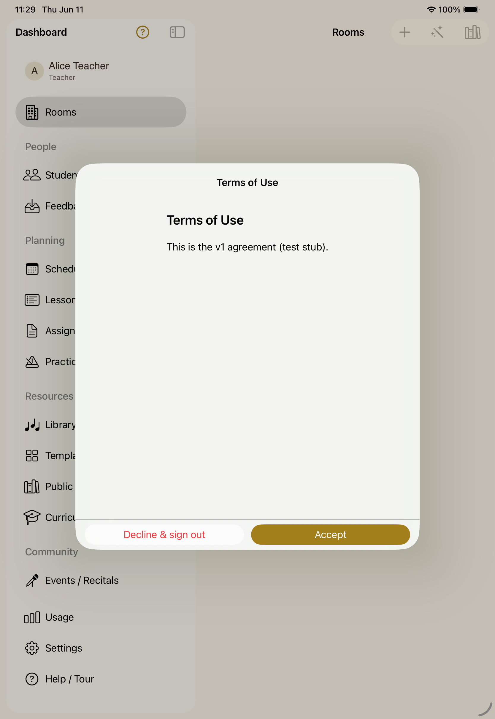 The terms-of-use gate shown on first launch, accepted per user.